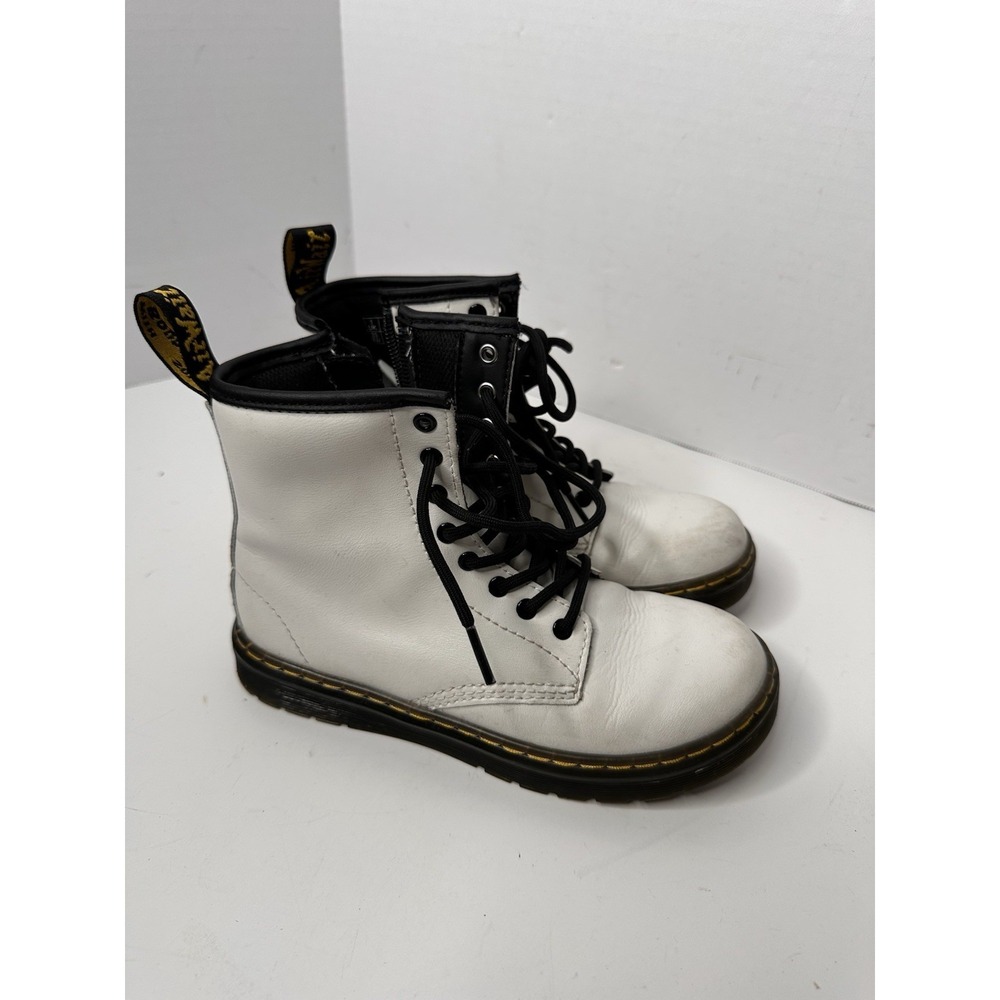 Dr. Martens Zavala J Youth Size 2 White Leather Side Zip Lace Up Combat Boots